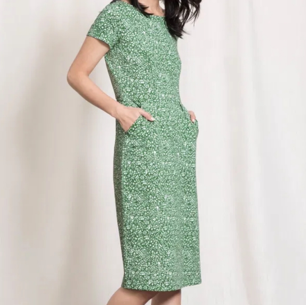 Phoebe Jersey Knit Dress Green Floral Pockets Stretch Knee Length US 4L